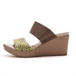 Crocs Leigh II Wedge Sandals Womens 9 Brown Yellow Floral 2 Strap